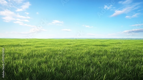 A lush, green meadow stretching out under a clear blue sky. The vibrant grass sways gently in the breeze, creating a peaceful and expansive natural landscape.