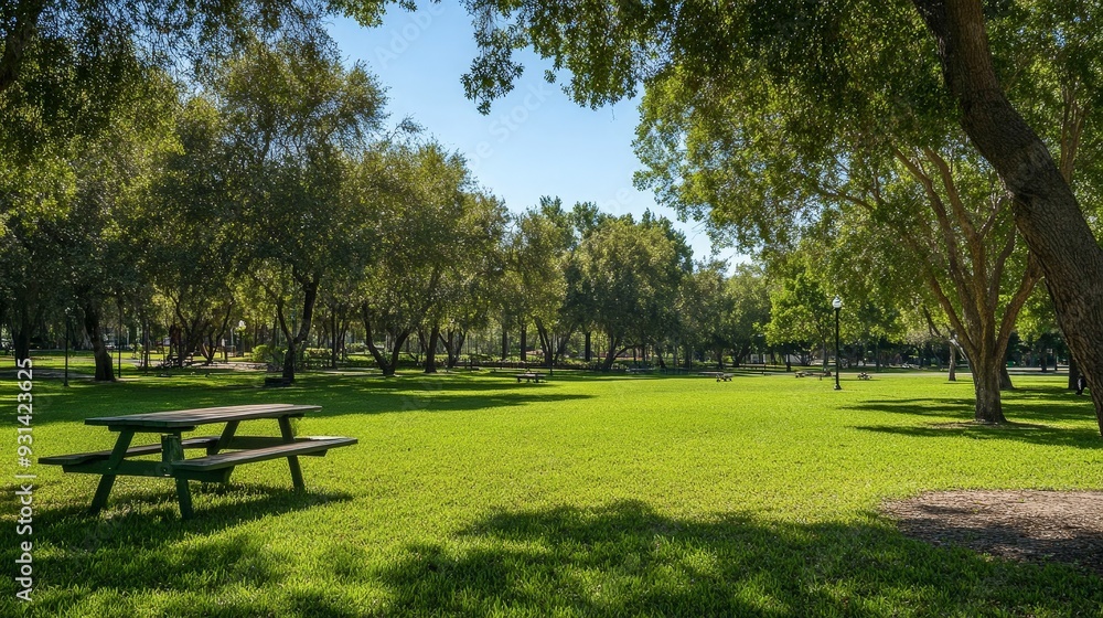 A lush park with expansive grass areas and shaded picnic spots. The open, green spaces and the inviting shade create a pleasant and relaxing outdoor environment.