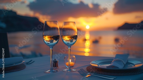 Romantic dinner for two at sunsetGreece Santorini restaurant on the beach above the volcano : Generative AI photo