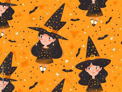 Cute Cartoon Style Witch Pattern with Bats Stars and Halloween Symbols photo