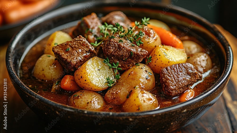 A hearty beef stew with tender meat, potatoes, and carrots A hearty beef stew with tender meat, potatoes, and carrots