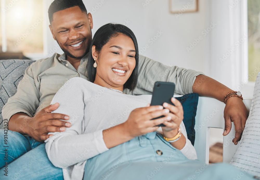 Fototapeta premium Couple, phone and online surfing in home, social media scroll and relax in husband embrace for safety. People, communication app and together on shopping website, texting and support in relationship