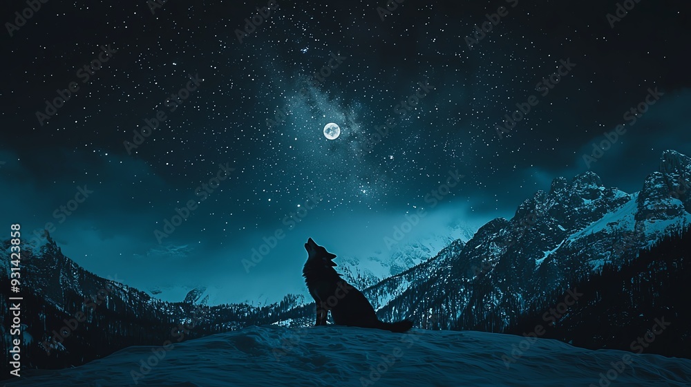 Wolf howling at the full moon in a snowy mountain landscape. Wolf howling at the full moon in a snowy mountain landscape.