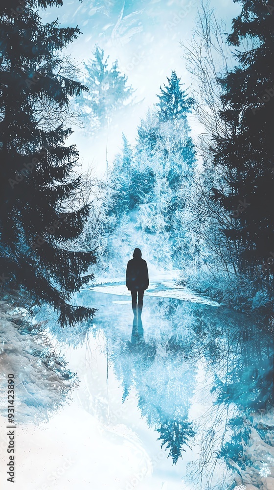 A silhouette of a person walking through a winter forest A silhouette of a person walking through a winter forest