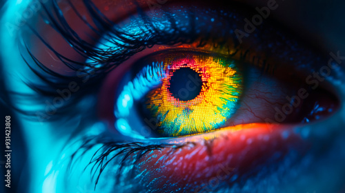 Macro shot of an eye with a stunningly vibrant and multi-colored iris, symbolizing unique vision and perception in a digital age.
