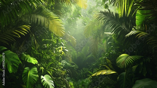 A lush tropical rainforest with dense vegetation and a canopy teeming with life. The vibrant greens of the leaves and the sounds of exotic birds create a rich and vibrant forest environment.