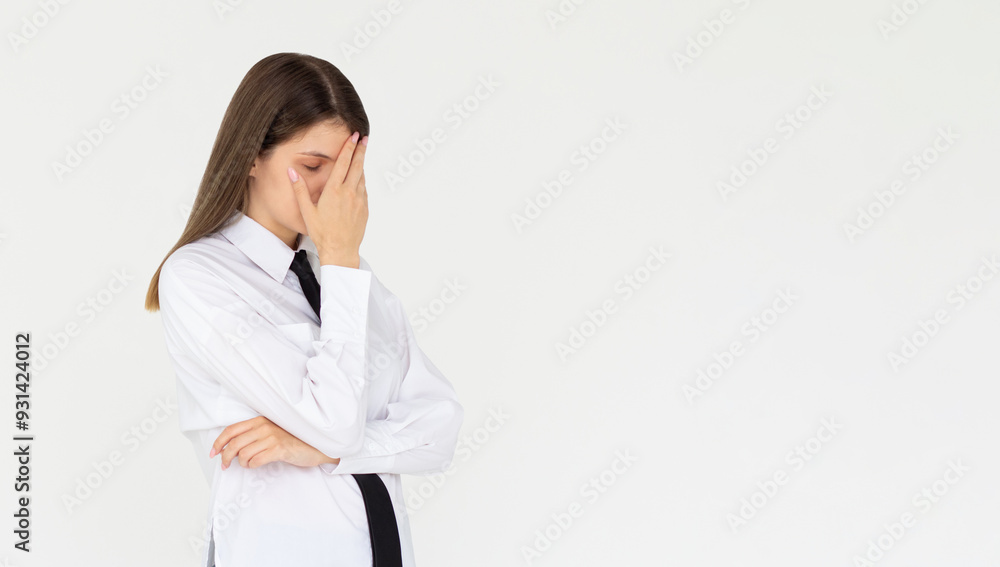 God why me. Portrait annoyed fed up pissed young woman make facepalm hide face close eyes bend head down bothered, tired explaining simple tasks, standing white background God why me. Portrait annoyed fed up pissed young woman make facepalm hide face close eyes bend head down bothered, tired explaining simple tasks, standing white background