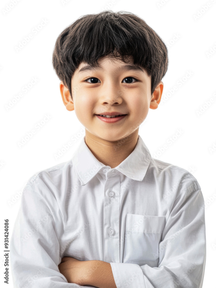 Boy in white shirt smiles, white background, cut out - stock png. Boy in white shirt smiles, white background, cut out - stock png.
