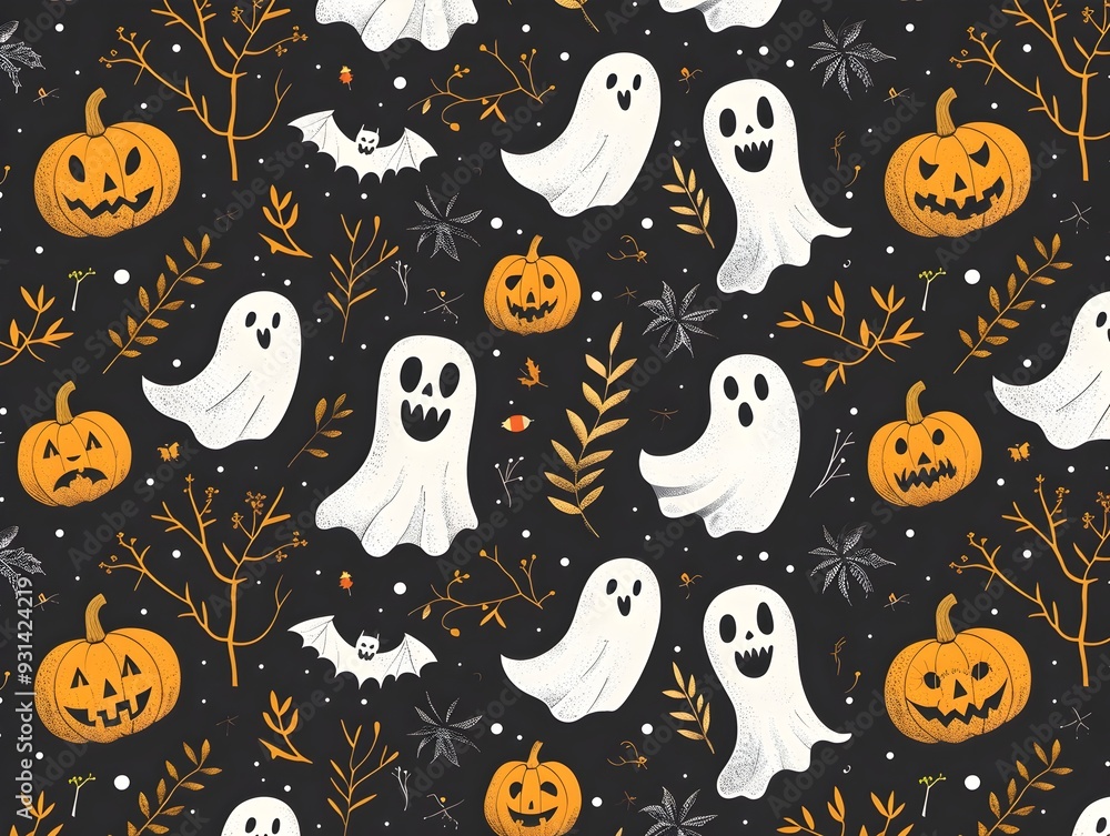 Enchanting Halloween Pattern with Pumpkins Ghosts and Bats for Festive Banners Postcards and Backgrounds Enchanting Halloween Pattern with Pumpkins Ghosts and Bats for Festive Banners Postcards and Backgrounds