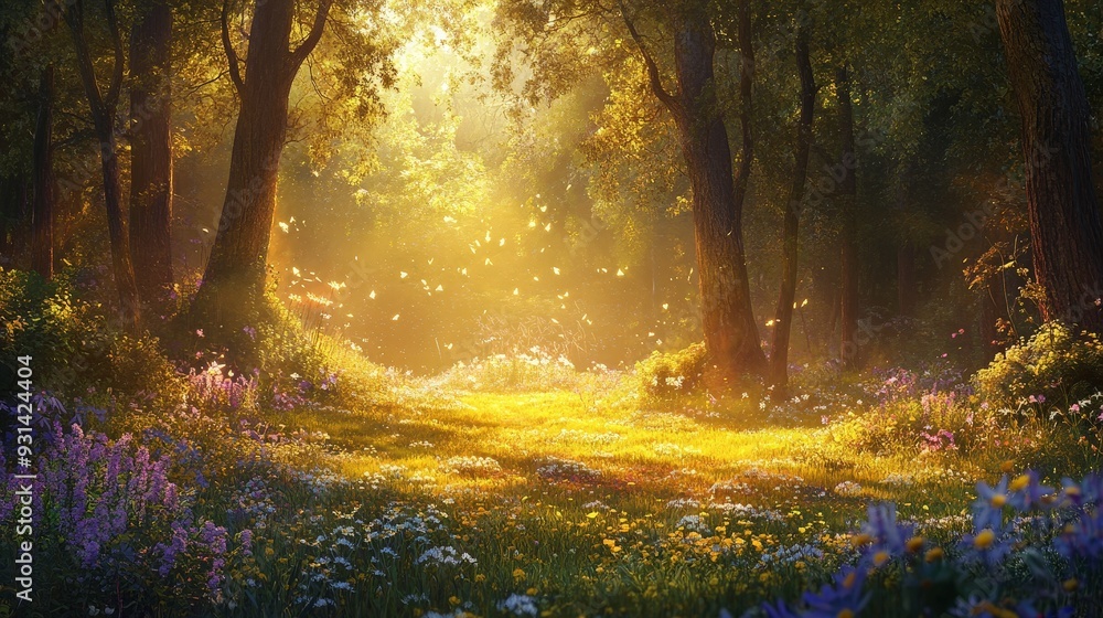 A magical forest glade bathed in the soft, golden light of the setting sun. The clearing is surrounded by tall, majestic trees and dotted with wildflowers, creating a picturesque and enchanting scene. A magical forest glade bathed in the soft, golden light of the setting sun. The clearing is surrounded by tall, majestic trees and dotted with wildflowers, creating a picturesque and enchanting scene.
