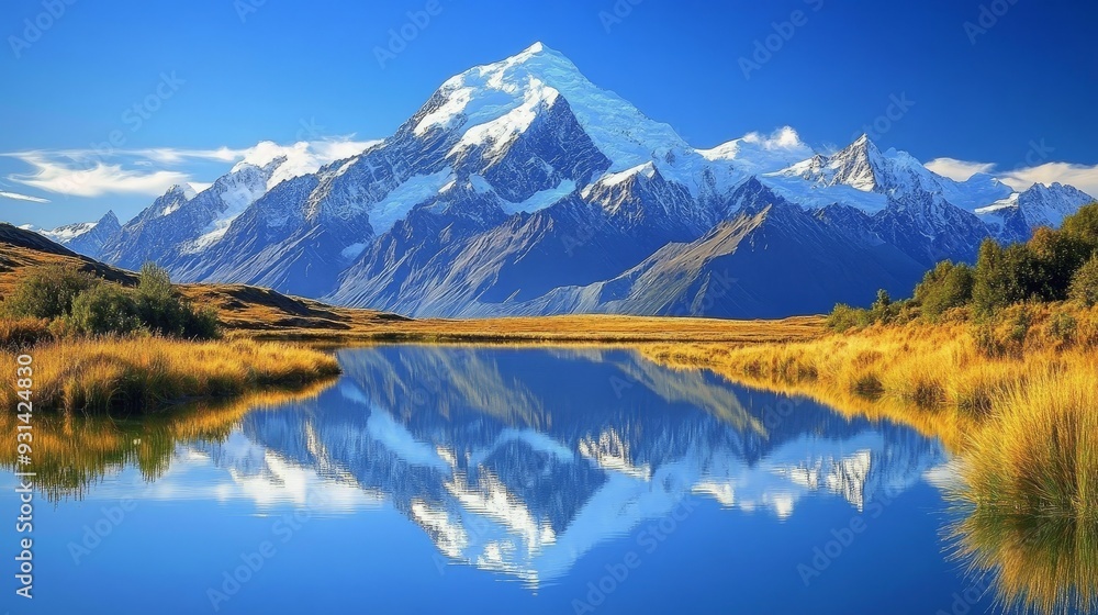 A majestic mountain range with snow-capped peaks and a serene lake reflecting the surrounding landscape under a clear blue sky A majestic mountain range with snow-capped peaks and a serene lake reflecting the surrounding landscape under a clear blue sky