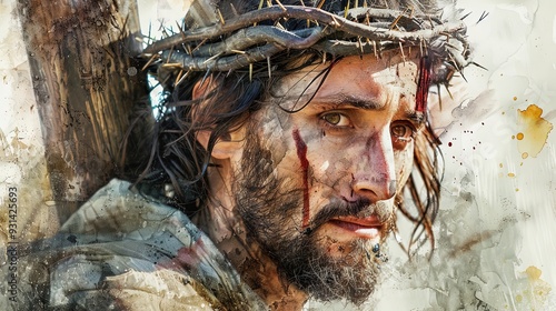 A watercolor painting featuring a man burdened with a wooden cross and adorned with a crown of thorns, emphasizing his sacrifice and the emotional weight of the situation.