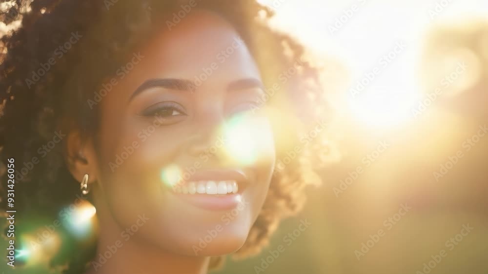 Radiant smiling woman in sunlit outdoor setting with natural hair and warm light Radiant smiling woman in sunlit outdoor setting with natural hair and warm light