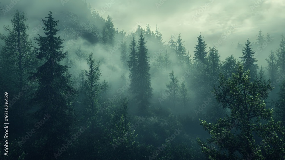 A misty morning forest with fog drifting through the trees. The ethereal mist softens the edges of the towering trees and creates a mystical, otherworldly atmosphere A misty morning forest with fog drifting through the trees. The ethereal mist softens the edges of the towering trees and creates a mystical, otherworldly atmosphere