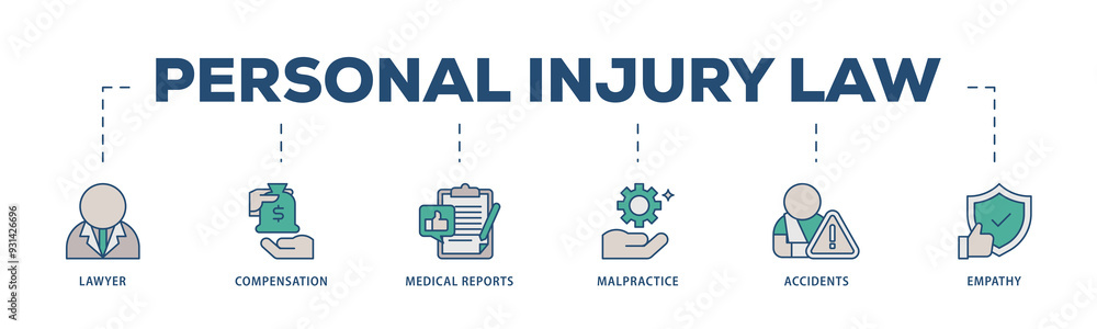 Fototapeta premium Personal injury law icons process structure web banner illustration of malpractice, empathy, accidents, medical reports, compensation, lawyer icon png transparent background.