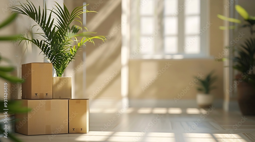 Interior of clean modern light living room with stacked cardboard boxes and green plant standing by wall in new house or apartment with no people Moving relocation removal transportati : Generative AI Interior of clean modern light living room with stacked cardboard boxes and green plant standing by wall in new house or apartment with no people Moving relocation removal transportati : Generative AI