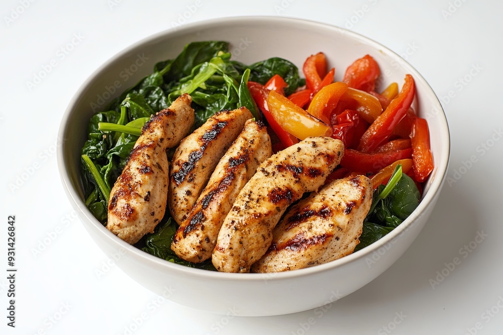 Arrange a bowl of grilled chicken strips with a side of sautéed spinach and bell peppers, all against a pristine white backdrop. Arrange a bowl of grilled chicken strips with a side of sautéed spinach and bell peppers, all against a pristine white backdrop.