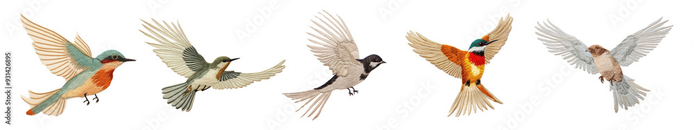 Fototapeta premium cute flying bird embroidery style png cut out element set