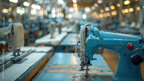 Textile factory with rows of industrial sewing machines, photo