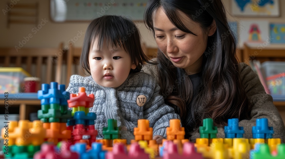 A young Asian girl focuses on building a colorful block tower beside her attentive mother. A young Asian girl focuses on building a colorful block tower beside her attentive mother.