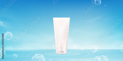 Business background Design 3D cosmetic product advertising template with bubble on sky,cloud by sea beach,Vector Mockup package tube moisturizing cream on water blue background for Presentation