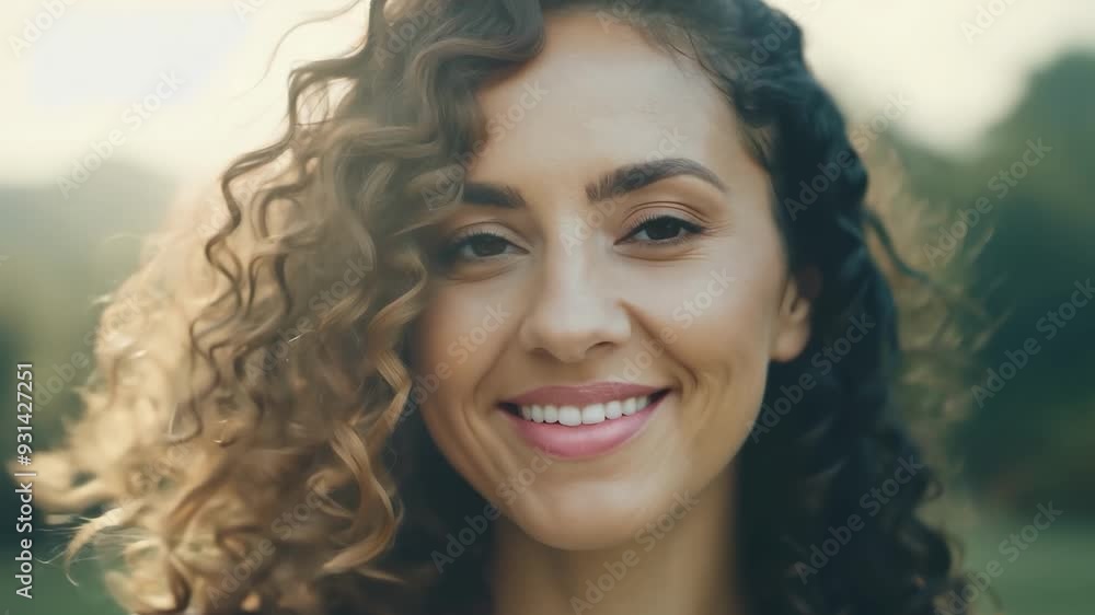 Serene portrait of a woman with flowing curly hair in natural light Serene portrait of a woman with flowing curly hair in natural light