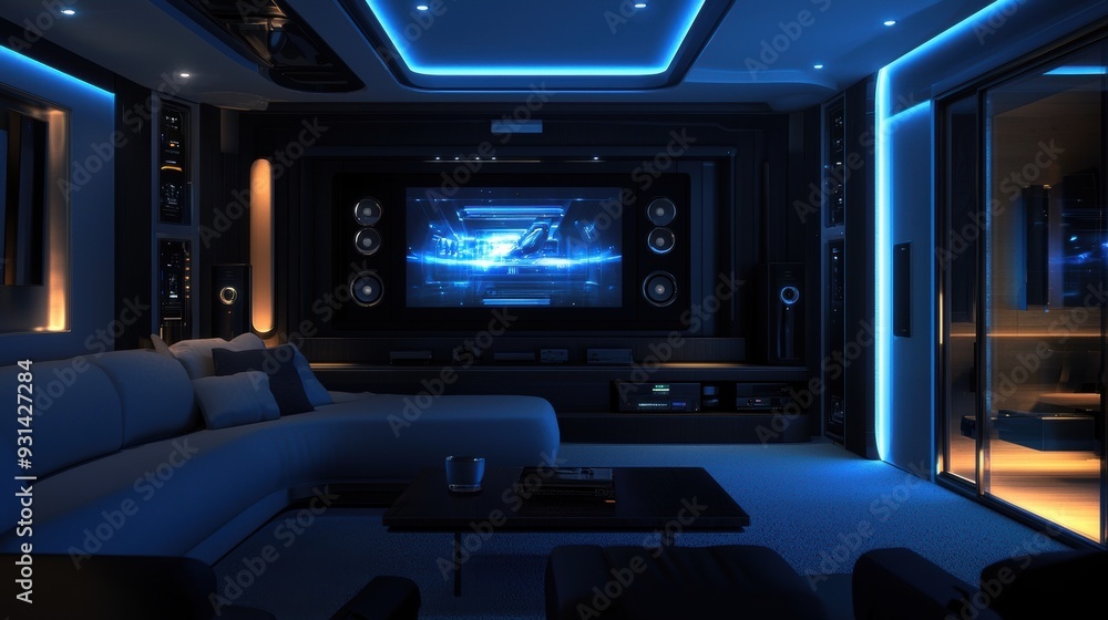 A futuristic home theater where the lighting, sound system, and temperature are all managed through a central smart home system. The image captures the convenience and luxury of smart home technology, A futuristic home theater where the lighting, sound system, and temperature are all managed through a central smart home system. The image captures the convenience and luxury of smart home technology,