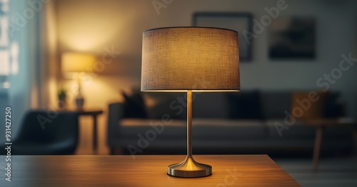 Modern table lamp with a fabric shade, brass finish and metal base on a wooden desk in a room.