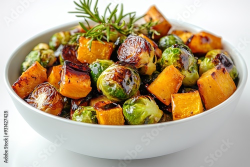 Arrange a bowl of roasted Brussels sprouts and butternut squash with a light balsamic glaze, set against a white backdrop.