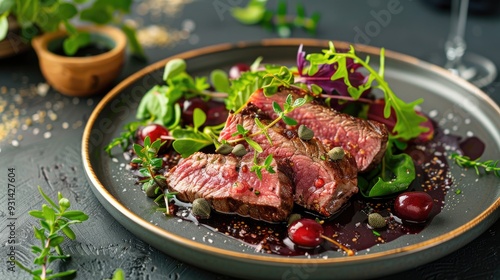 Gourmet angus roast beef steak with capers and rocket lettuce in cherry sauce on a Nordic plate