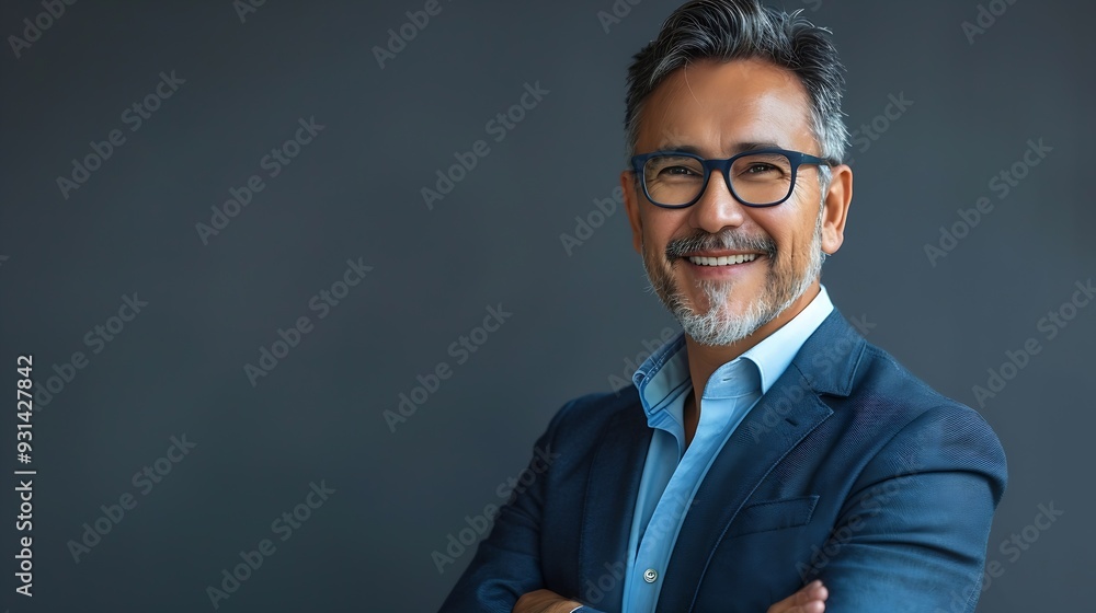 Smiling confident latin hispanic mature business man standing isolated on grey background Older senior businessman 40s 50s male professional ceo coach leader looking at camera Banner c : Generative AI