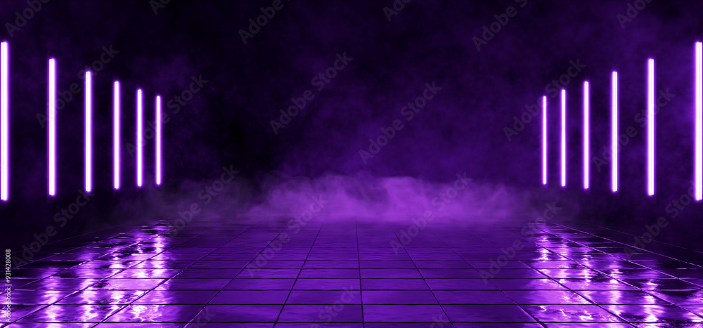 Garage or hangar with purple neon light. Cement floor with fog and smoke. Black background. Smoke or fog on dark wet tile background. Dark street with fog or smoke. 3D rendering. Garage or hangar with purple neon light. Cement floor with fog and smoke. Black background. Smoke or fog on dark wet tile background. Dark street with fog or smoke. 3D rendering.