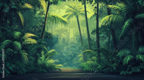 Fototapeta Naklejka Na Ścianę i Meble -  A lush green jungle with tall palm trees and a path leading into the dense foliage.