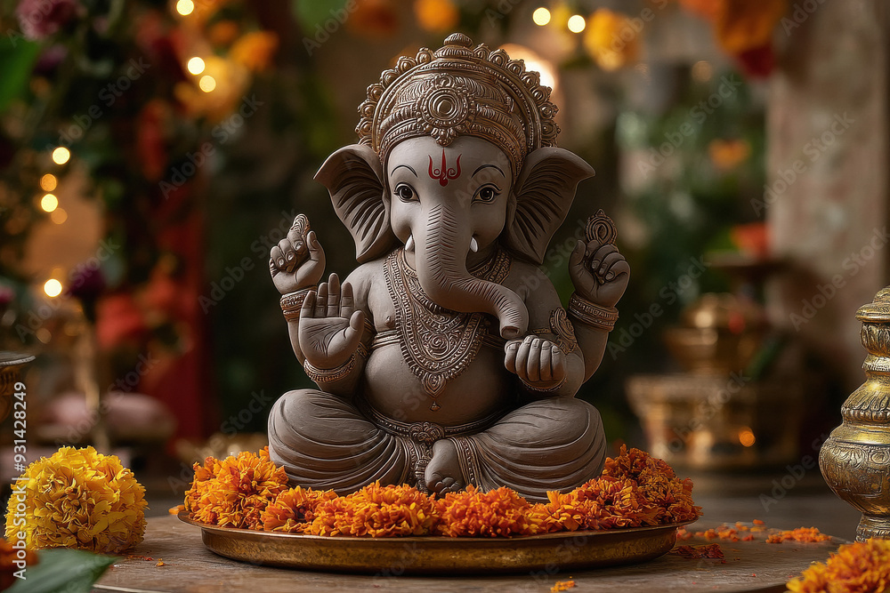 lord ganesha sculpture with flower decoration and lighting background. lord ganesha sculpture with flower decoration and lighting background.