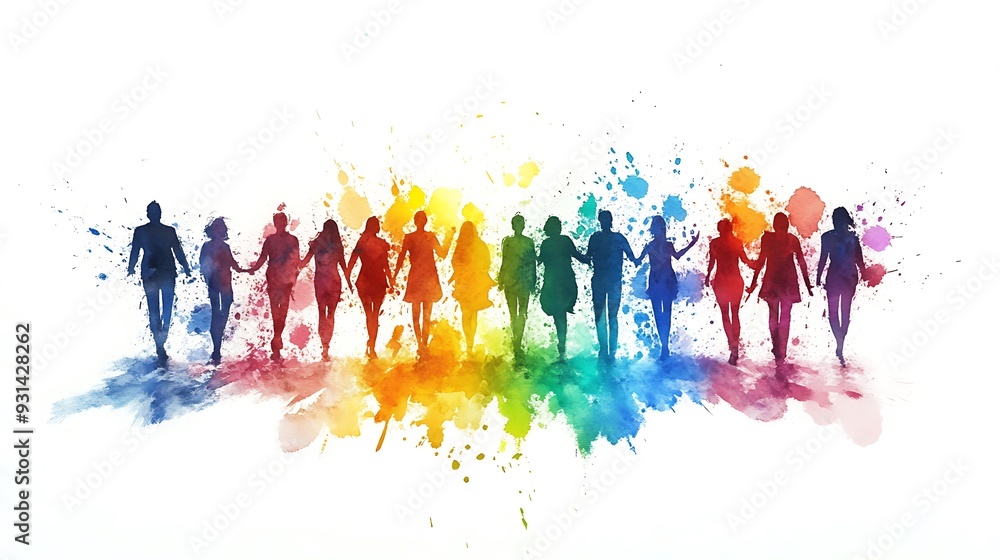 Obraz premium Watercolor Silhouette of People Holding Hands with Rainbow Splashes.