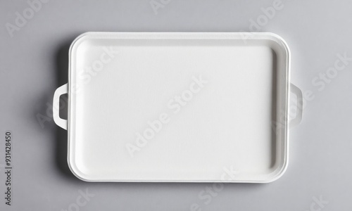 White rectangular serving tray with handles, isolated on gray background