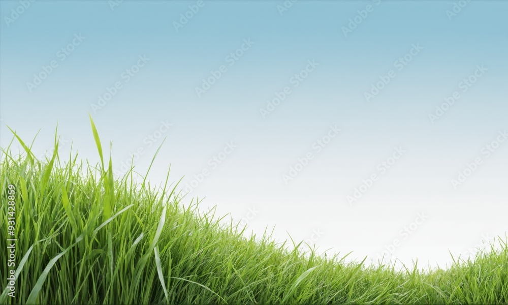 Fototapeta premium Close-up of green grass blades against a blue sky
