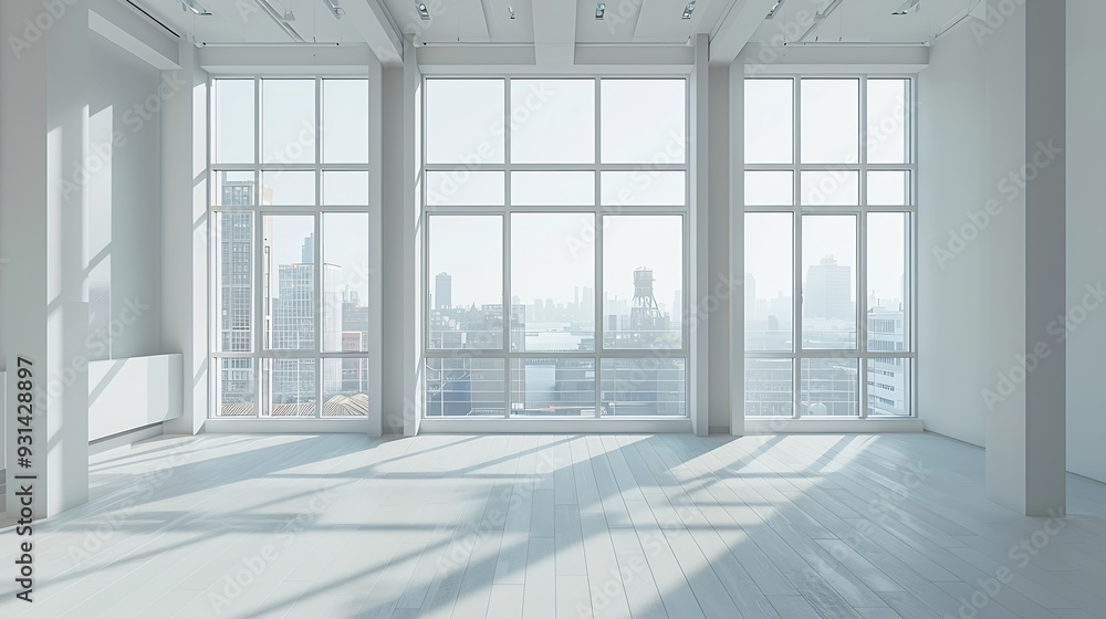Fototapeta premium interior design of a room in a new building with large windows : Generative AI