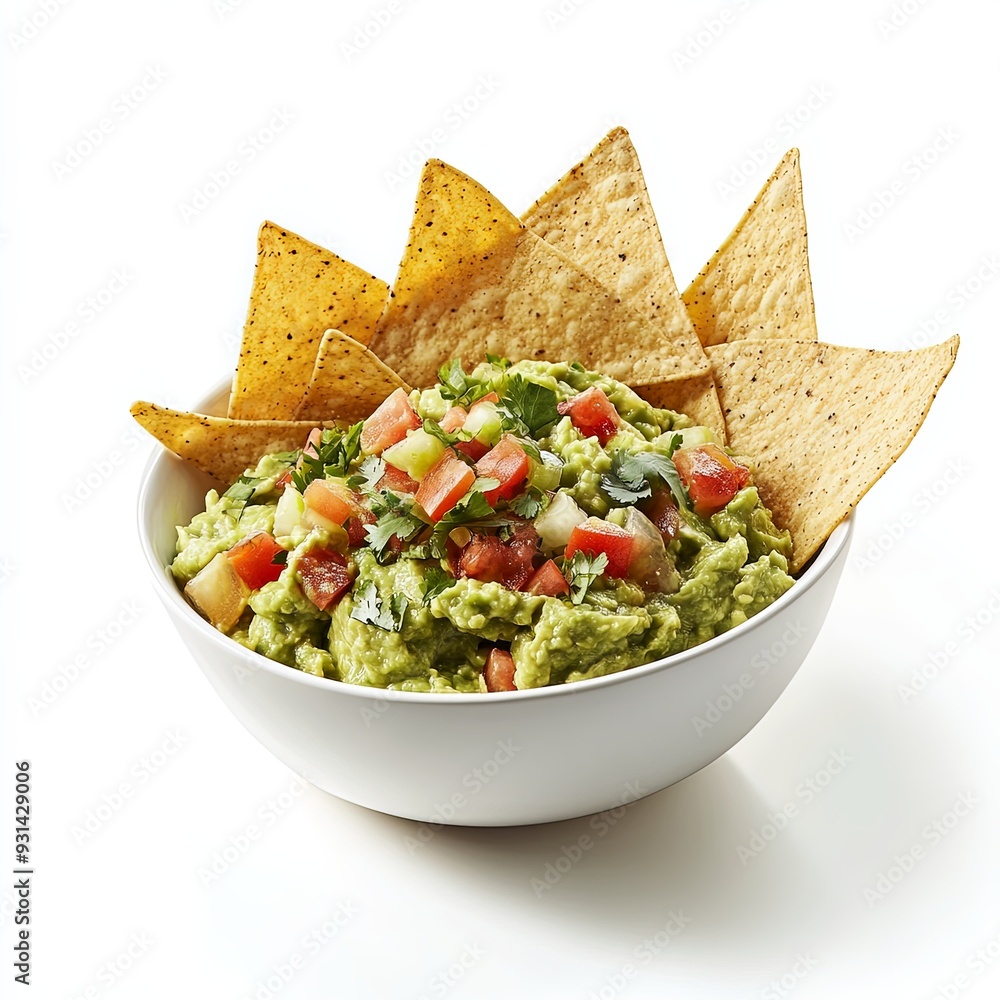 Create an image of a bowl of classic guacamole with fresh tortilla chips, set against a clean white background. Create an image of a bowl of classic guacamole with fresh tortilla chips, set against a clean white background.