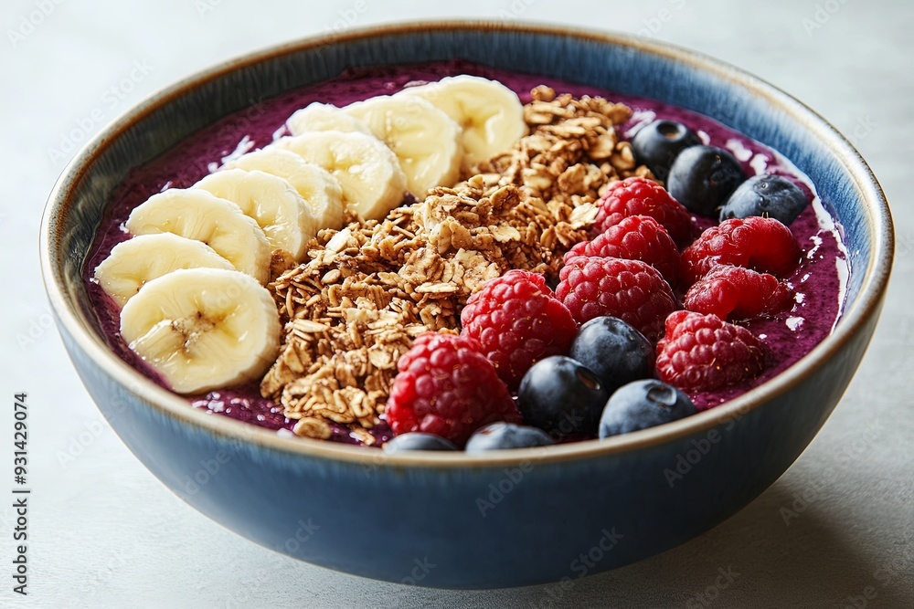 Feature a bowl of vibrant acai bowl topped with granola, bananas, and berries, all arranged on a white surface. Feature a bowl of vibrant acai bowl topped with granola, bananas, and berries, all arranged on a white surface.