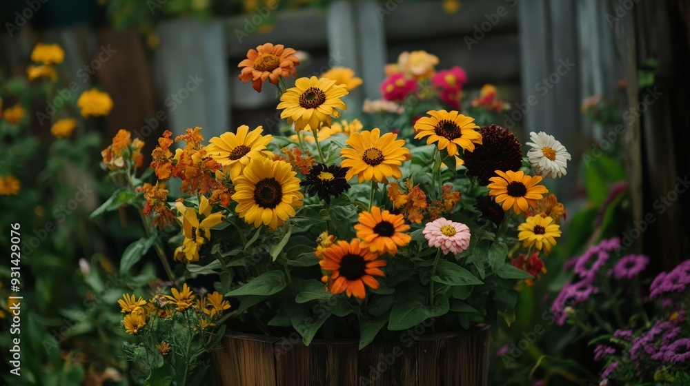 A rustic flower garden featuring a mix of sunflowers, zinnias, and marigolds. A rustic flower garden featuring a mix of sunflowers, zinnias, and marigolds.