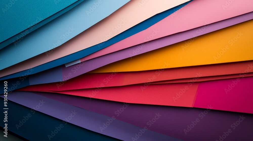Fototapeta premium A neatly stacked pile of colorful paper sheets, arranged in a gradient from light to dark. 