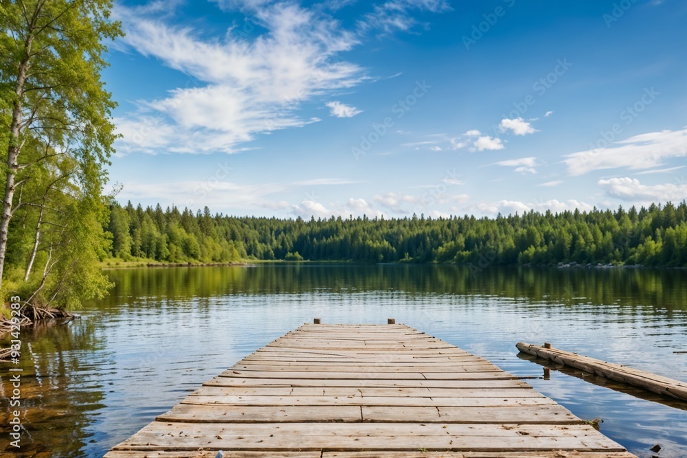 Obraz premium Beautiful lake scene with a wooden dock and mountains in the background, perfect for nature and relaxation themes. 