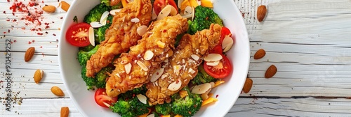 Crispy Fried Chicken Tenders Served with Broccoli Salad, Cheddar Cheese, Tomatoes, and Toasted Almonds in a White Bowl on a Light Wooden Surface, Close-Up Perspective. photo