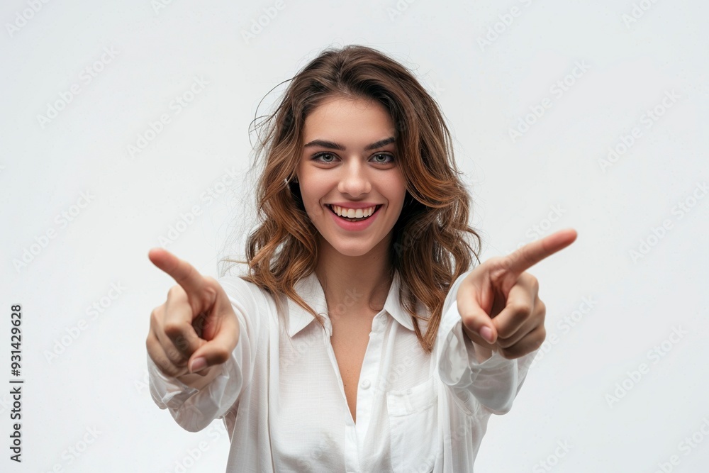 Happy woman and portrait pointing at you for business recruitment on a white background. ,generative ai Happy woman and portrait pointing at you for business recruitment on a white background. ,generative ai