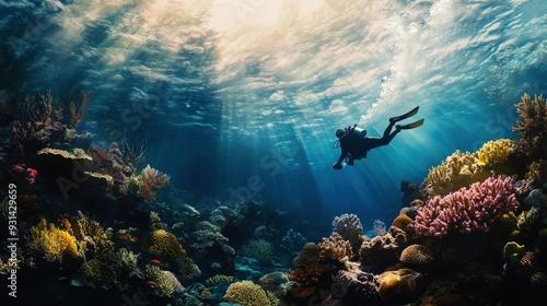 Wallpaper Mural A diver glides through colorful coral formations, illuminated by sunlight filtering from the surface, discovering marine life below Torontodigital.ca