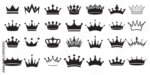 Crown vector collection, royal luxury symbols, black crown silhouettes, diverse crowns designs, isolated on white background, symbolizing power, authority,