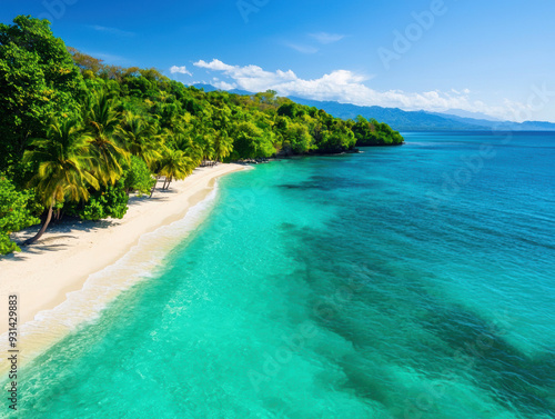 Pristine tropical beach with crystal clear turquoise water, lush green palm trees, white sand, and a clear blue sky, perfect for a summer vacation.