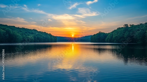 A peaceful lake at sunset with the water reflecting the warm, golden hues of the sky