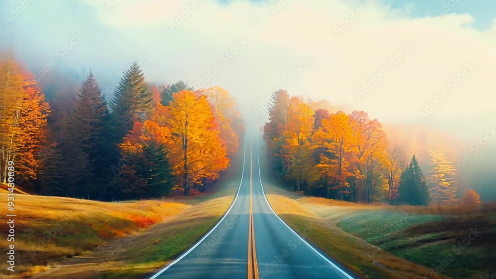 Beautiful Misty Road Through Vibrant Autumn Forest with Colorful Foliage and Fog Beautiful Misty Road Through Vibrant Autumn Forest with Colorful Foliage and Fog